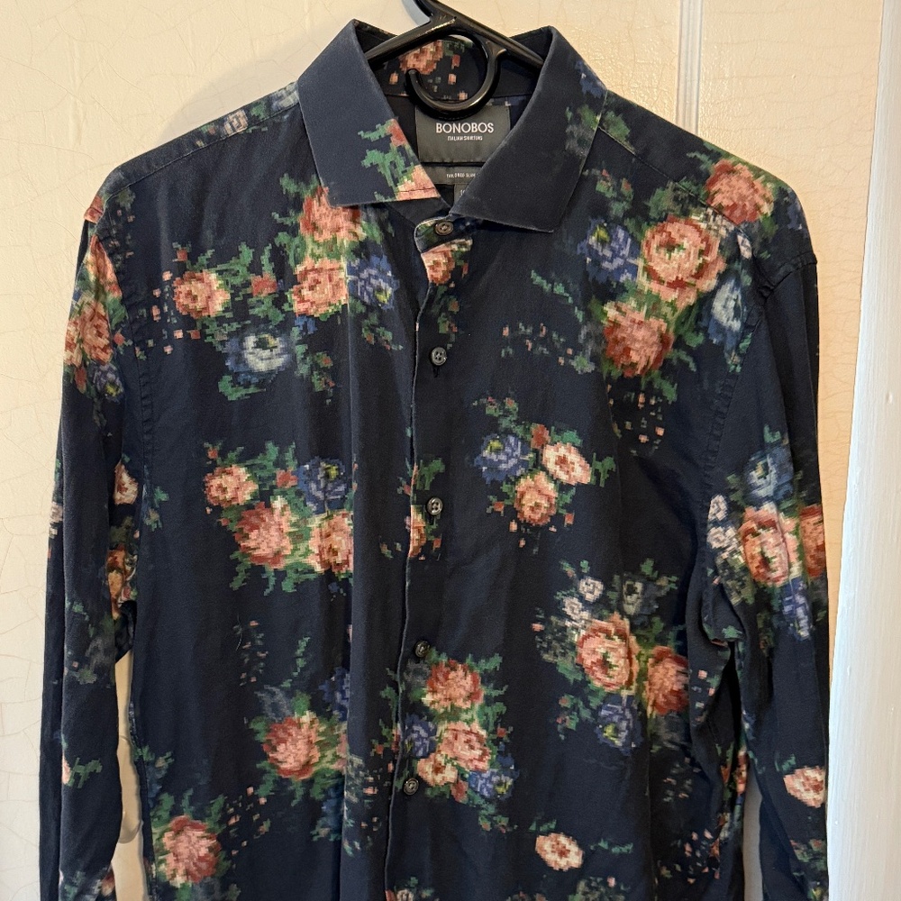 Bonobos floral, pixelated style long sleeve button up shift